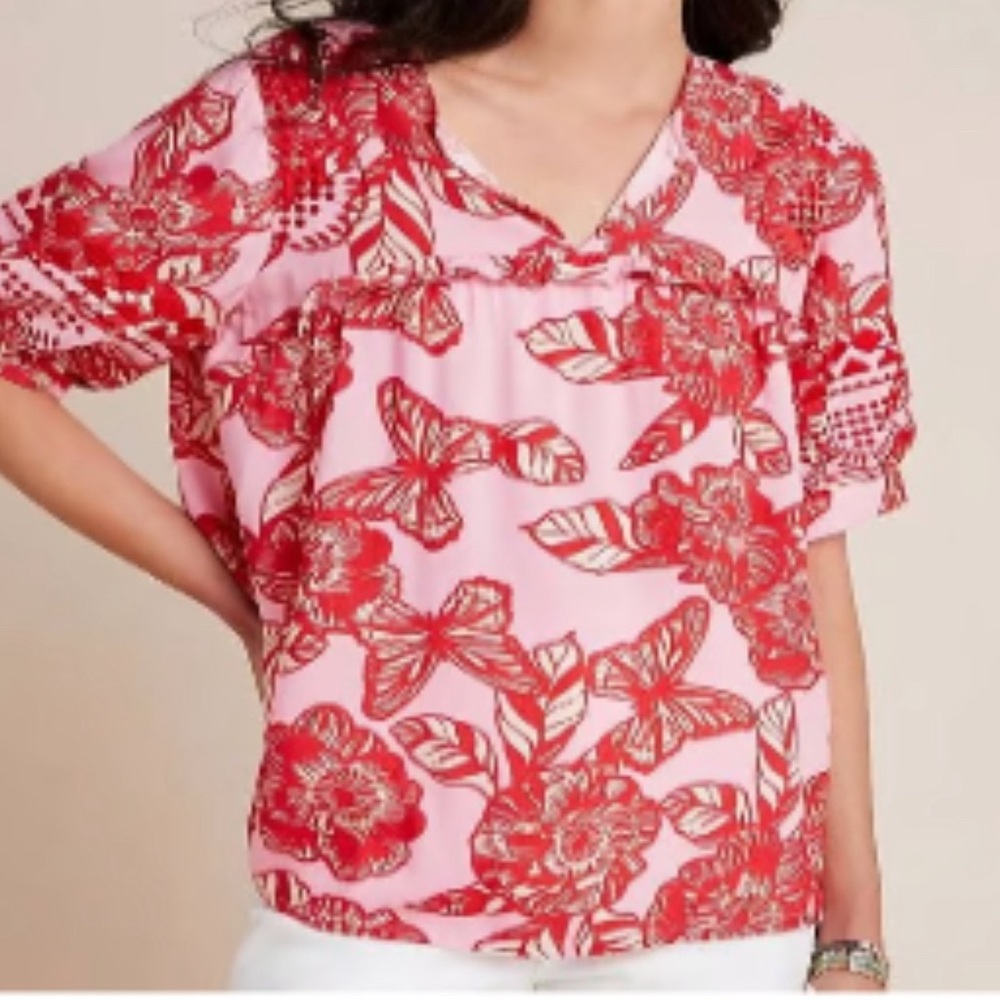 Anthropologie Bineet Bahl Embroidered Floral Pink Red Boho blouse size Small